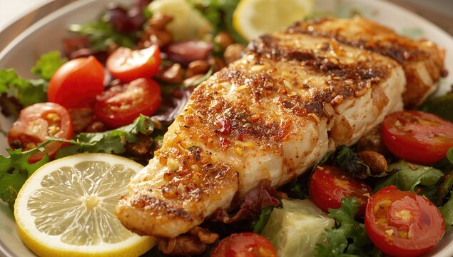 Close-up overhead shot of grilled white fish fillets accompanied by a vibrant salad and lemon wedges