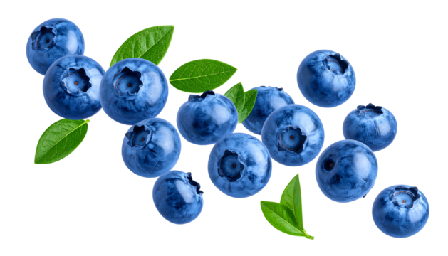 Fresh, vibrant blueberries scattered with green leaves on a clean black background