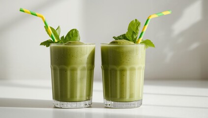 Two glasses of detox smoothie with spinach and kale, featuring green and yellow swirl straws