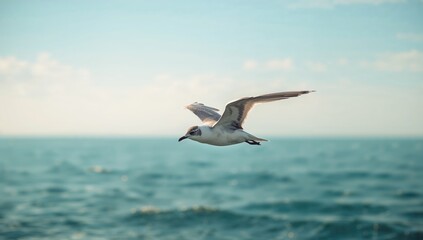 Seagull flying with the ocean softly blurred behind
