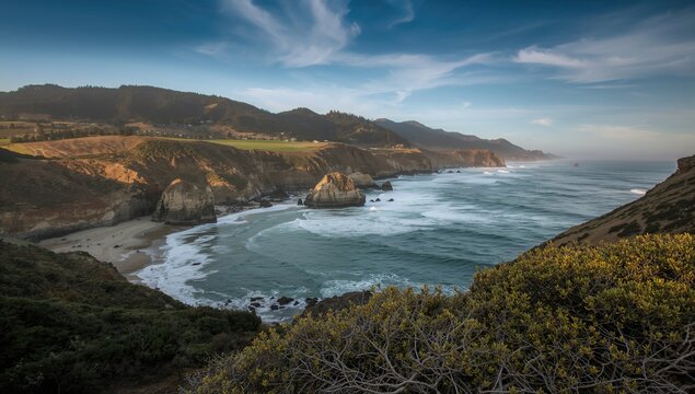 Fototapeta The rough shoreline of a dramatic coastal region
