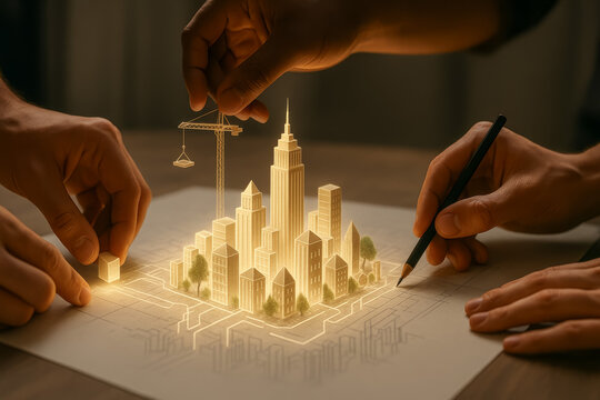 Hands sketching a futuristic city model with construction elements