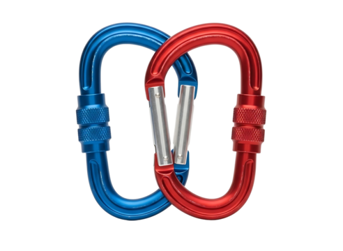 Two interlocking climbing carabiners red and blue isolated on transparent background