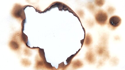 White paper background with fire hole and burned edges. White paper with fire burned hole. Close up of dark scorch mark and singed paper texture.