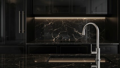 Obraz premium Modern kitchen featuring black and gold cabinets, a silver faucet, black granite surfaces, and detailed backsplash in close-up