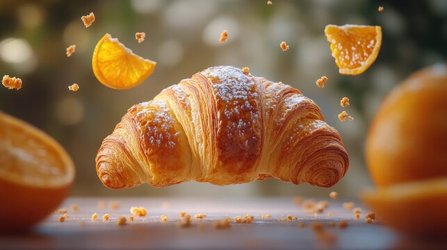Floating croissant with orange slices and crumbs - Powered by Adobe