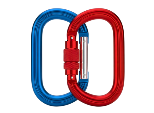 Two interlocking climbing carabiners red and blue isolated on transparent background