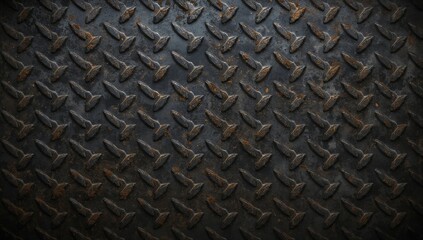 Rusty diamond metal plate pattern, textured black steel surface with slip-resistant finish and grime marks, background texture