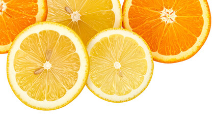 Citrus slices (oranges & lemons) arranged top; black background fills lower section