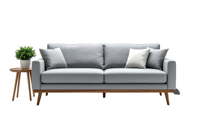 Light-grey sofa with three cushions rests beside a round wooden table holding a leafy green plant