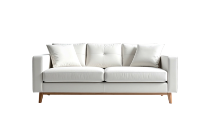 Clean image of a white couch with three pillows against a plain black background