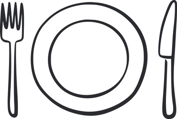 Black outline fork plate and knife cutlery dining