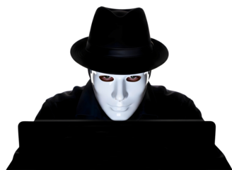 Man in hat and coat looking at laptop isolated on transparent background