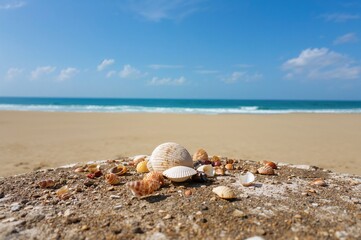 Seashells resting atop a rocky shore