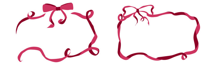 Pink ribbon bow frame for vintage girly card. Coquette vector decor for birthday invite or valentine party. Pretty doodle with feminine ballet bowknot graphic set. Retro fancy illustration template.