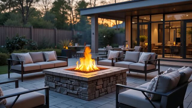 Modern patio with fire pit at dusk surrounded by elegant furniture. Concept of luxury outdoor lifestyle and comfort