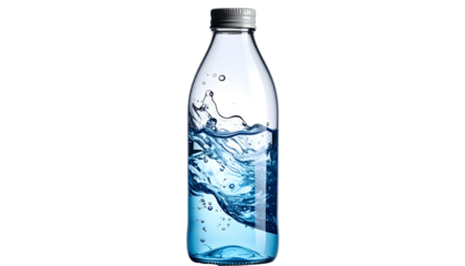 Clear bottle containing dynamic splash of blue liquid and bubbles, set against a black background
