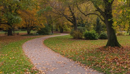 Naklejka premium A peaceful garden trail lined with vibrant autumn foliage, meandering through verdant greenery.