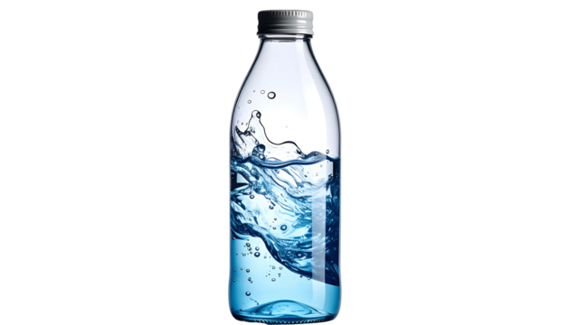 Clear bottle containing dynamic splash of blue liquid and bubbles, set against a black background