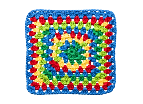 Pink and blue crochet granny square isolated on transparent background