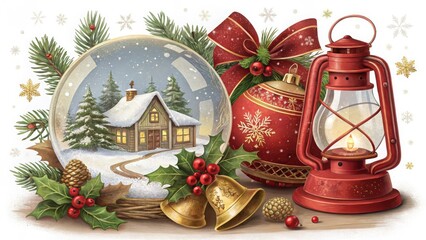 Cozy christmas scene with snow globe lantern and festive decorations
