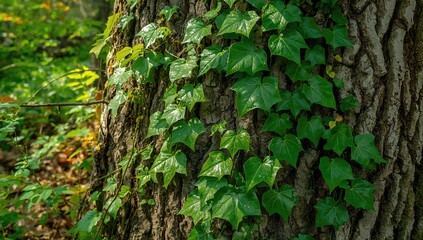 Obraz premium Close-up of a tree trunk wrapped in fresh, glossy poison ivy leaves during spring in a woodland setting