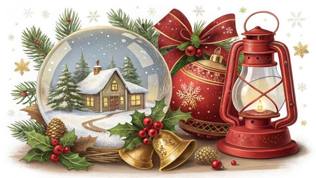 Cozy christmas scene with snow globe lantern and festive decorations