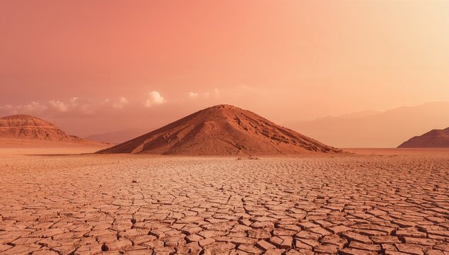 A tiny mound in a barren, parched desert setting with patterns, textures, clear sky, summer vibes, nature, and orange hues