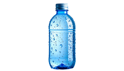 Clear plastic bottle with condensation against a black background, top half filled with clear liquid