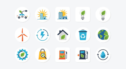 Vector illustration of assortment of colorful circular and square icons related to green energy, environmental awareness, and sustainable living