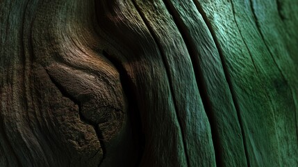 Abstract close up of green wooden surface with natural cracks and texture. Rustic organic background for design, nature concept, aging wood, and artistic environmental detail.