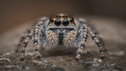 Extreme close-up of a jumping spider highlighting its prominent eyes and hairy limbs
