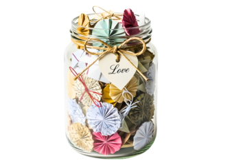 Glass jar filled with handwritten notes and memories isolated on transparent background