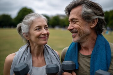 Active senior couple smiling while exercising outdoors with dumbbells. Healthy lifestyle, fitness motivation, aging well, vitality, love, and togetherness in an active retirement life concept.