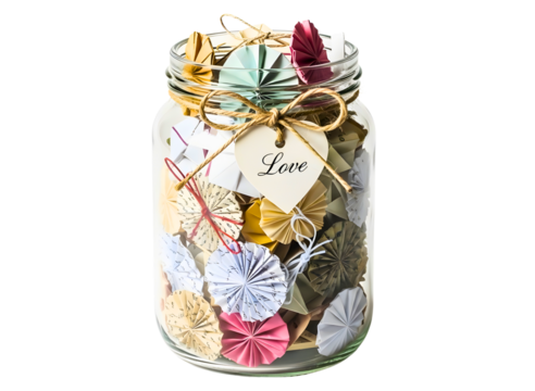 Glass jar filled with handwritten notes and memories isolated on transparent background