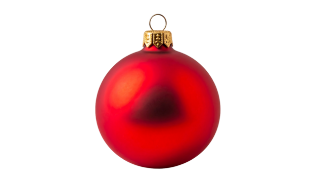 Red, glossy Christmas ornament with gold top against a black background