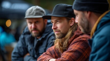 Fototapeta premium Three men having a serious outdoor conversation, wearing casual jackets and hats in natural light. Concept of friendship, teamwork, discussion, communication, and lifestyle authenticity.