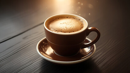 Steaming Coffee Cup with Golden Light on Dark Wood Table with AI