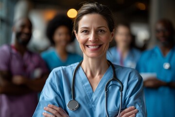 Confident smiling female doctor standing with arms crossed, medical team in background. Healthcare professionals, leadership, trust, teamwork and hospital staff concept.