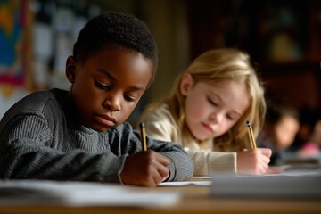 Focused schoolchildren writing in classroom during lesson. Diverse kids studying together, learning education concept, childhood development, early education and academic success.
