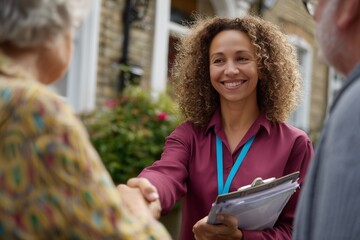 Smiling social worker greeting senior couple at home, shaking hands outdoors. Friendly professional providing community support, healthcare visit or social service assistance concept.