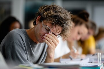 Tired male student sitting at desk with books, feeling stressed while studying for exam. Young man with glasses suffering from fatigue and concentration problems during education.