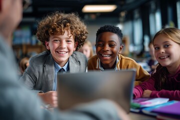 Happy diverse school children learning with teacher and laptop in modern classroom. Concept of education, teamwork, digital learning, curiosity, and positive childhood development.