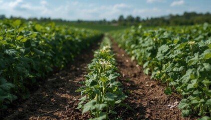 A vibrant green meadow filled with neatly planted young pea crops flourishing in rich earth under bright daylight.