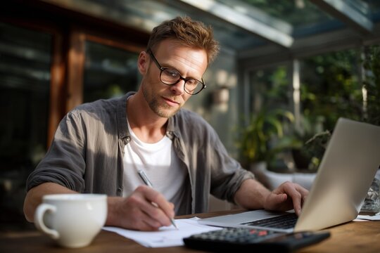 Focused man working from home with laptop and papers, writing notes and using calculator. Concept of remote work, productivity, freelance, business planning, and financial management.