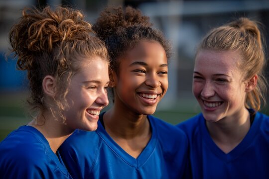 Smiling teenage girls soccer players in blue uniforms standing together on field. Diverse female athletes showing friendship, teamwork, confidence and positive energy in sports. - Powered by Adobe