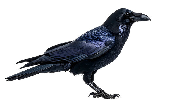 Glossy black raven stands against a stark black background, gazing to the right, detailed feathers visible