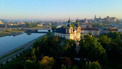Obraz premium Drone view of European city tourism old town Krakow Poland