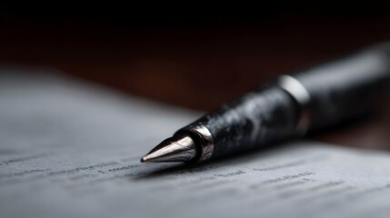 Close up of a sophisticated fountain pen s metallic tip resting on a textured document with visible lines of text awaiting signature