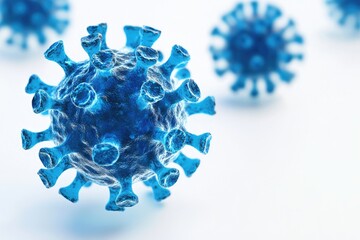 Close-up of a vibrant blue virus,?spiky exterior,?isolated on white